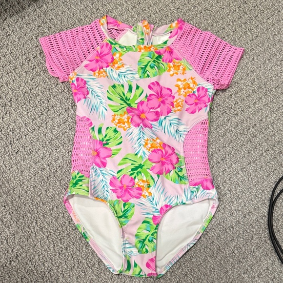 art class Pink and Green Floral Kids Swim One Piece - Picture 1 of 5